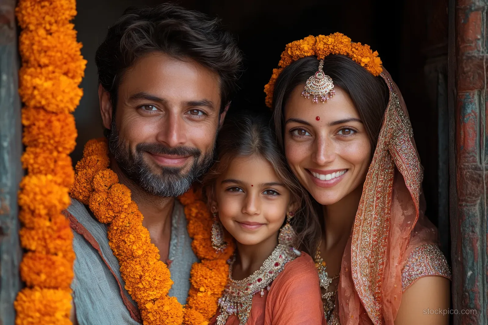 Indian parents and their child smile beside marigold garlands at a decorated doorway during a festival home entry.