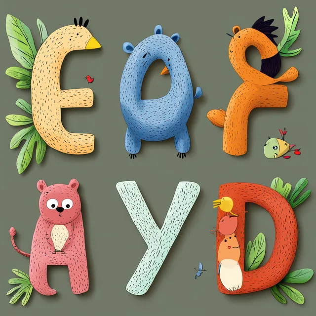 Whimsical animal alphabet letters E F A D with leafy accents and tiny birds