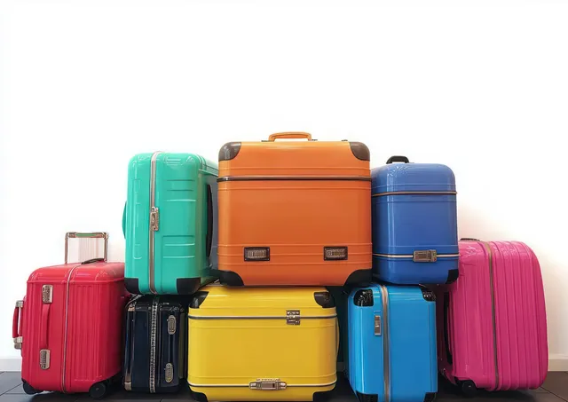 Eight colorful hard-shell suitcases stacked against a white wall with visible wheels, handles, and latches.