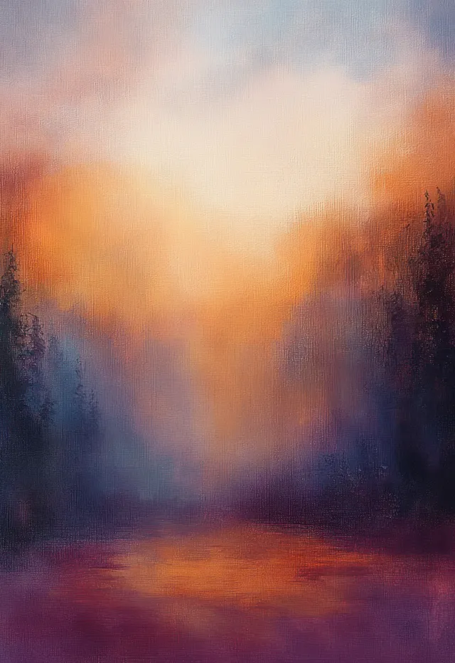 An impressionist abstract landscape painting shows warm orange sunrise glow over misty blue and purple textured brushstrokes.