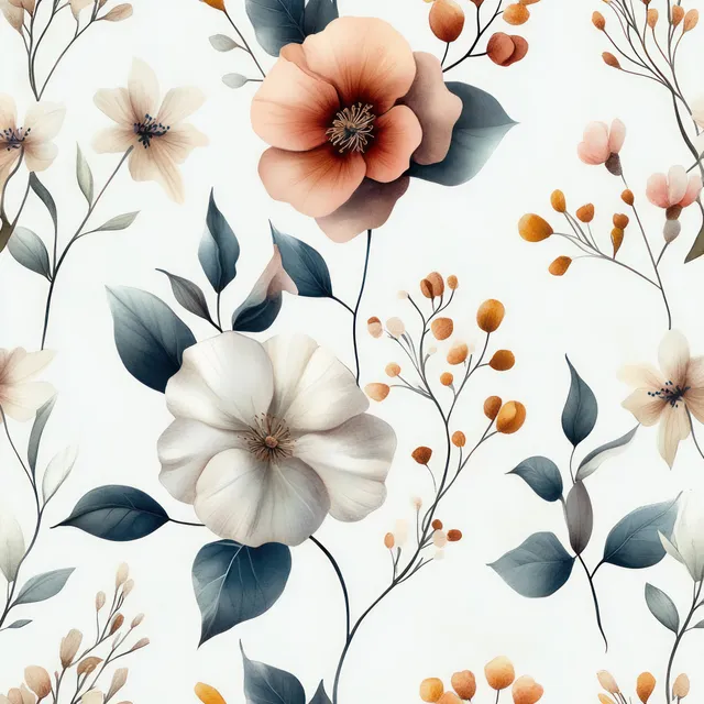 Watercolor floral leaves and blossoms seamless pattern on white background for textiles wallpaper
