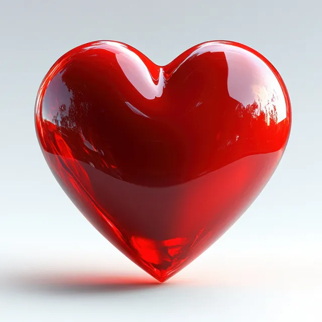 Glossy red glass heart with reflections on soft light gradient background