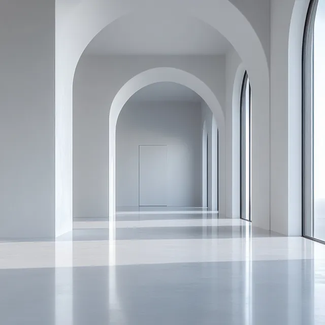 Minimalist white corridor with arched openings and tall windows casting long soft shadows