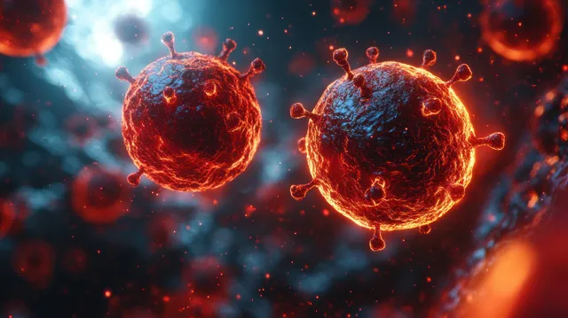 Two glowing red virus particles float in a blue medical research background with scattered immune-like signals.