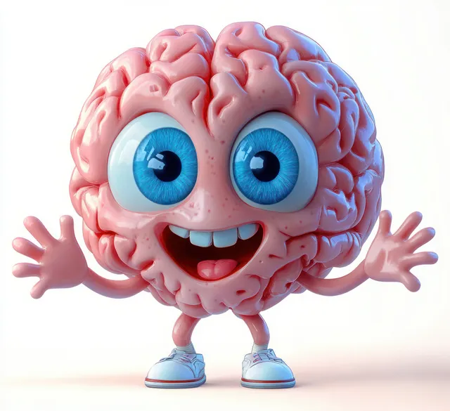 Cartoon brain character smiling widely with open arms and blue sneakers on white background