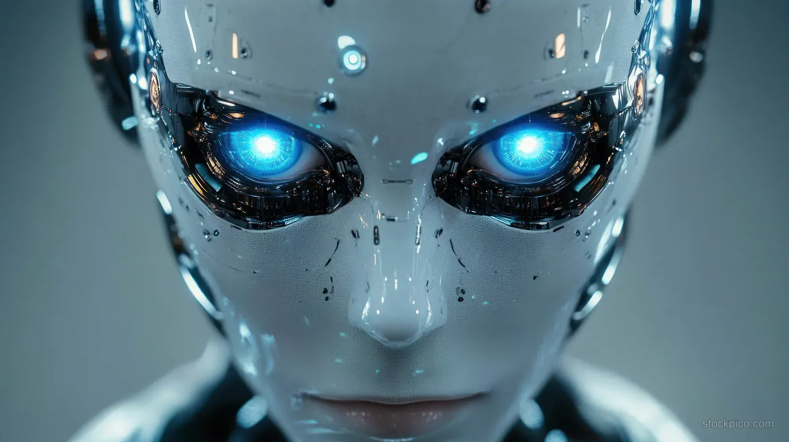 Close-up portrait of a humanoid robot with glowing blue eyes and intricate metallic details, showcasing advanced cybernetic design.