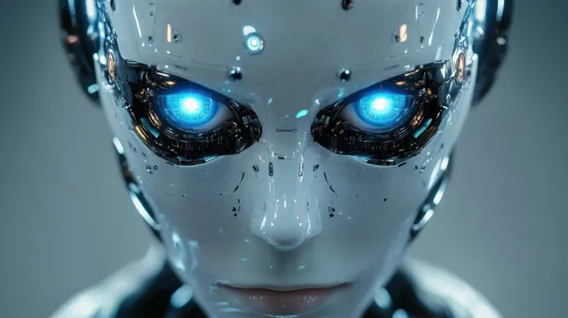 Close-up portrait of a humanoid robot with glowing blue eyes and intricate metallic details, showcasing advanced cybernetic design.