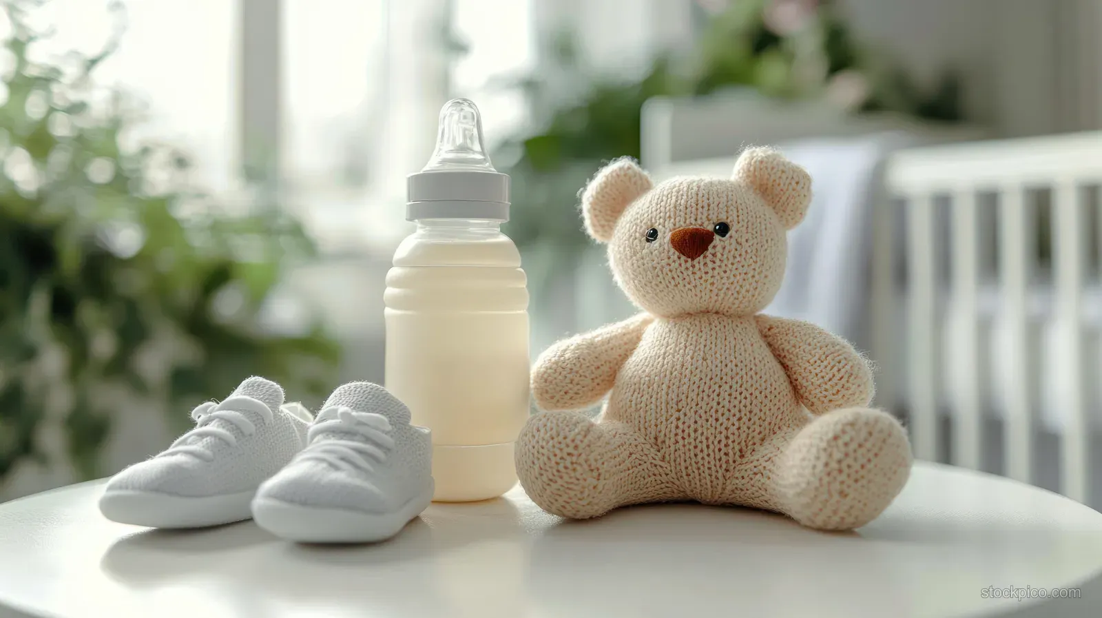 Knitted teddy bear with a milk bottle and white baby shoes arranged on a table in a bright nursery.