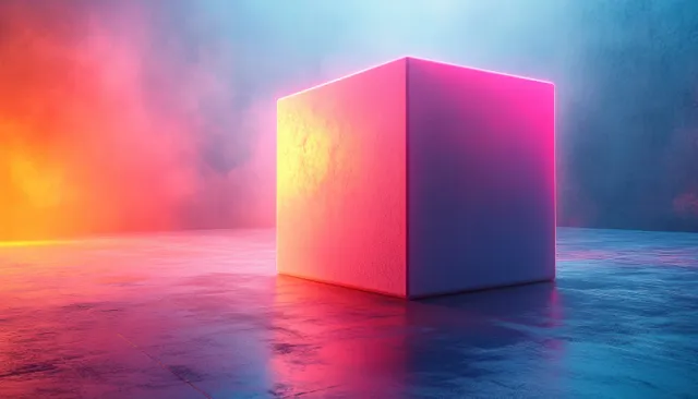 Pastel 3D cube floating in neon haze with soft volumetric light and reflective floor