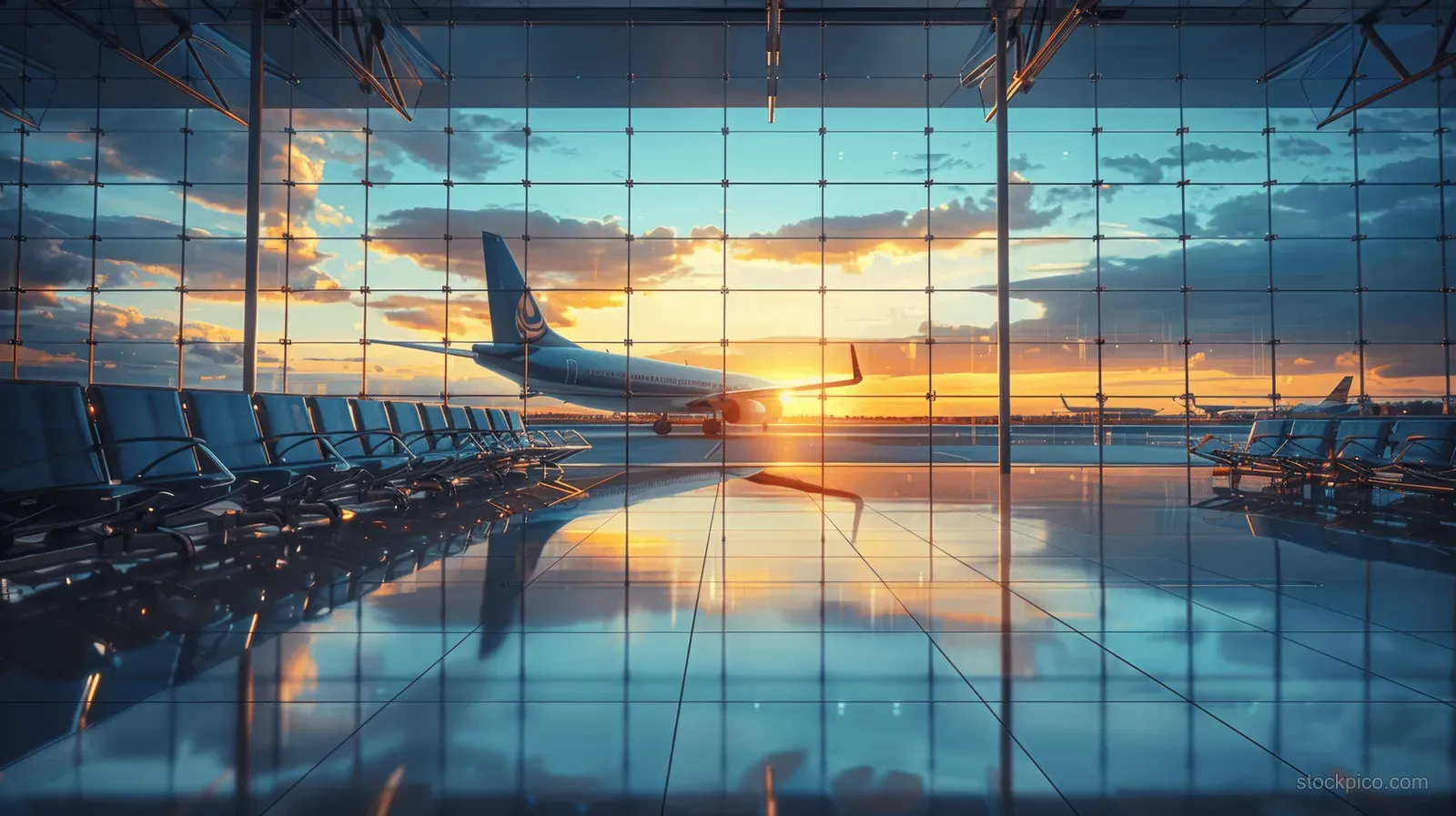 An airport terminal lounge with blue chairs, large glass windows, and an airplane outside at sunset reflected on the floor.
