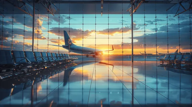 An airport terminal lounge with blue chairs, large glass windows, and an airplane outside at sunset reflected on the floor.