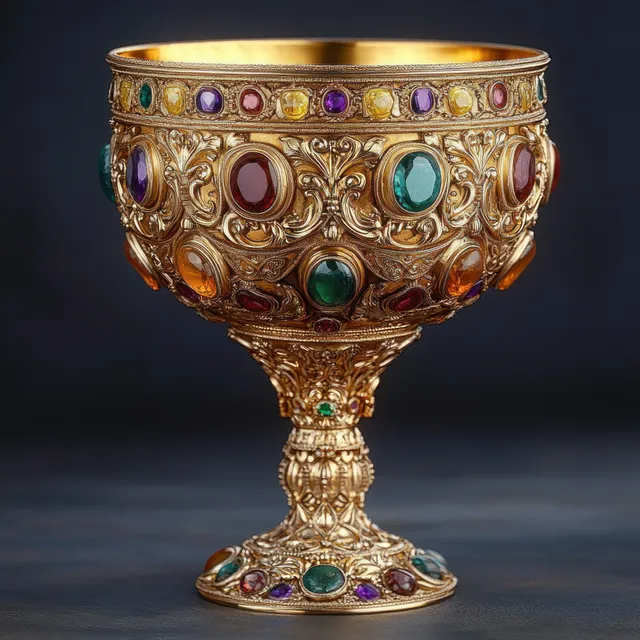 Ornate gold chalice with floral scrollwork and emerald, ruby, and amethyst gemstones on a dark background.
