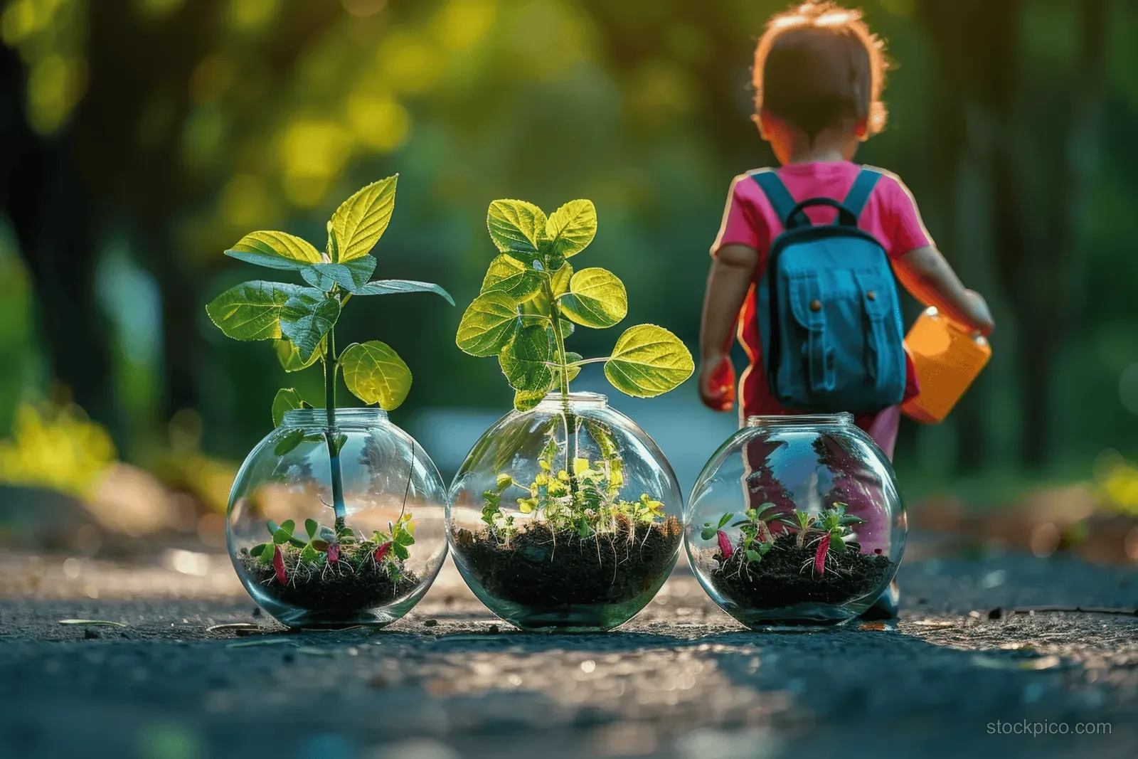 A child with a backpack kneels outdoors beside glass bowls holding sprouting plants and green leaves.