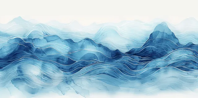 Blue watercolor ocean waves rolling across a misty horizon with fluid white ripples