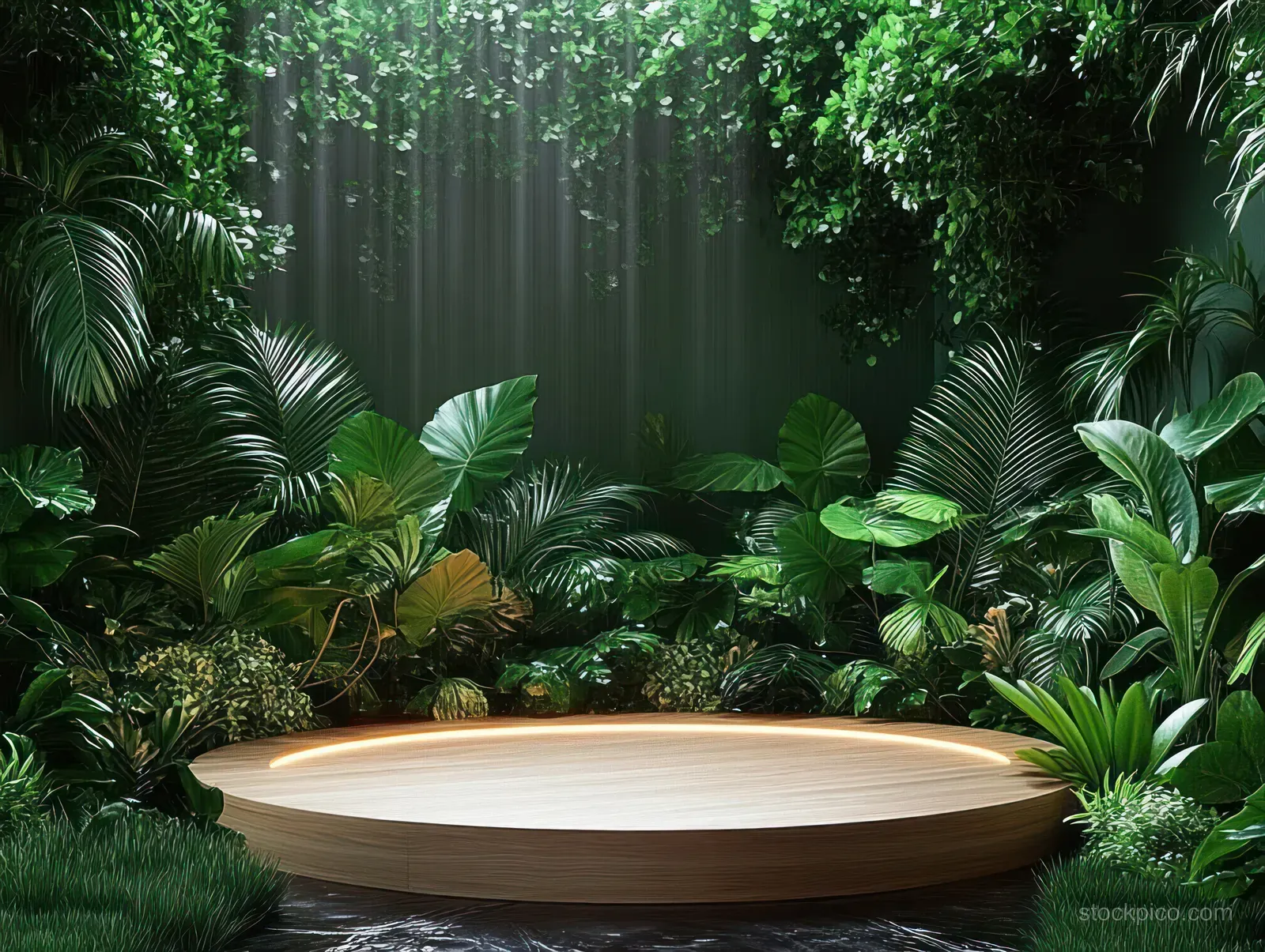 Circular wooden podium on the jungle floor surrounded by dense green plants under soft light.