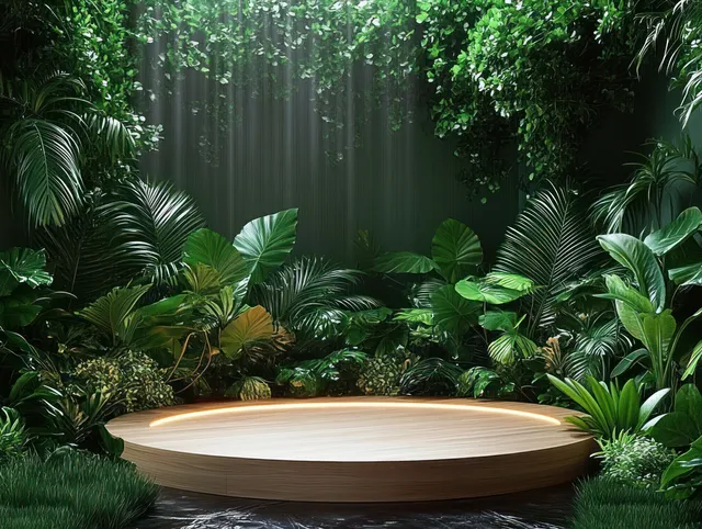 Podio circular de madera sobre el suelo de la jungla rodeado de densas plantas verdes bajo una luz suave.