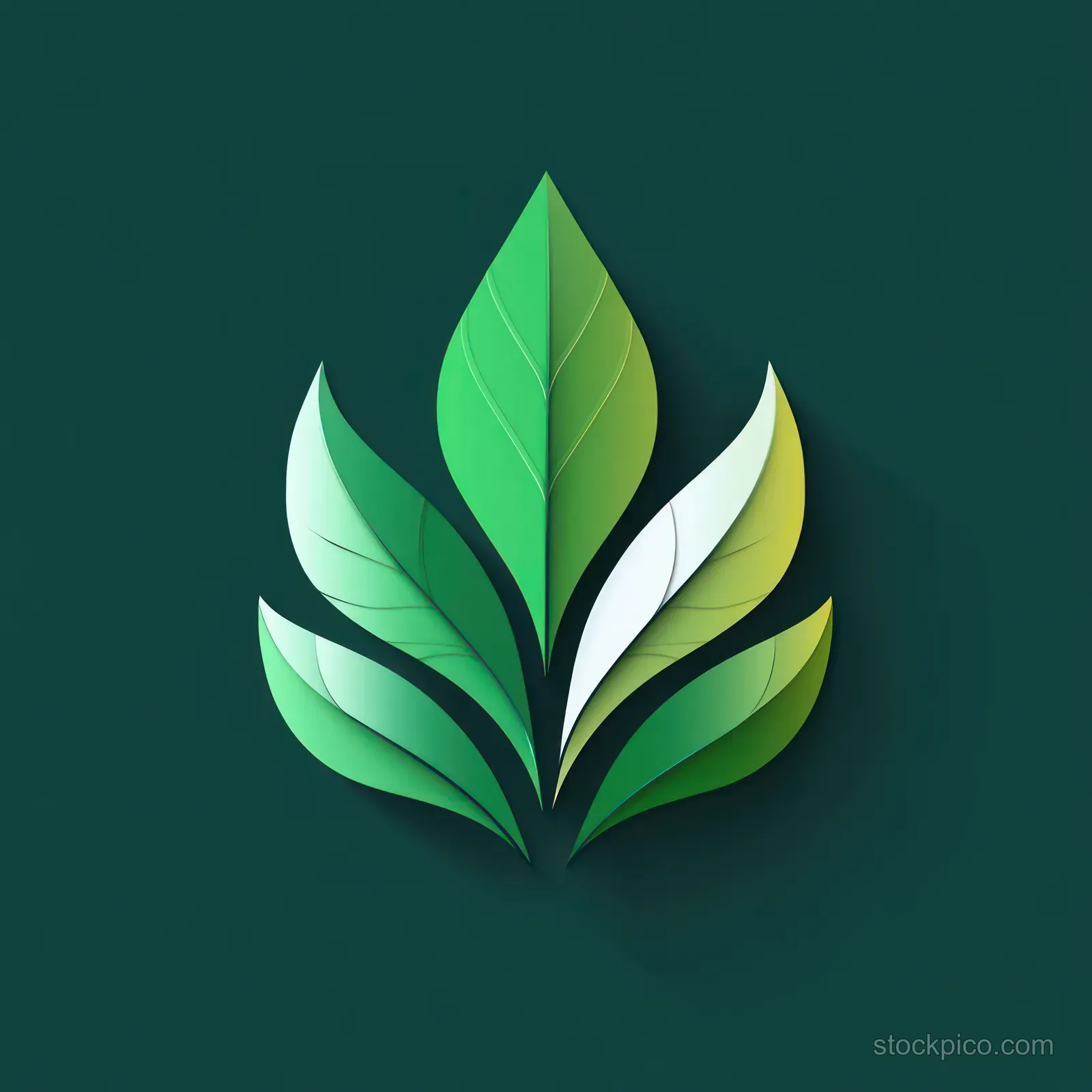 Six stylized green leaves with vein textures form a symmetrical cluster on a dark green background.