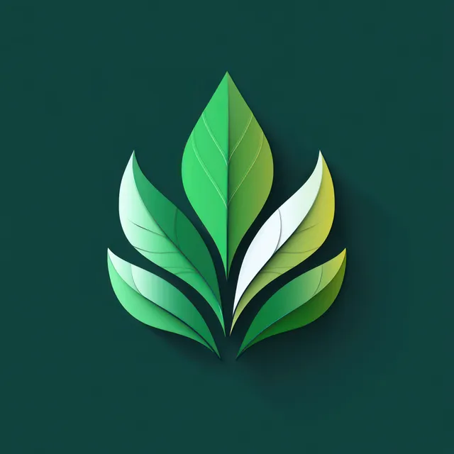 Six stylized green leaves with vein textures form a symmetrical cluster on a dark green background.