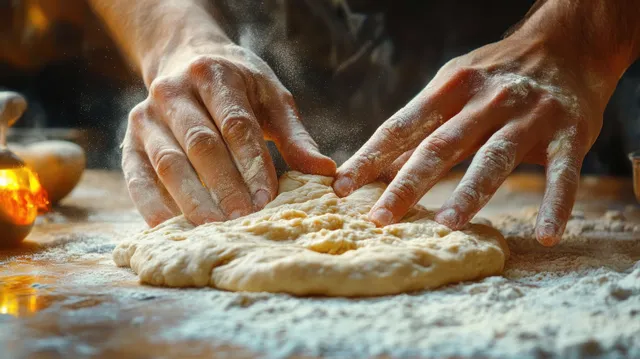 Hands knead pizza dough on a floured countertop in a warm, home kitchen setting.