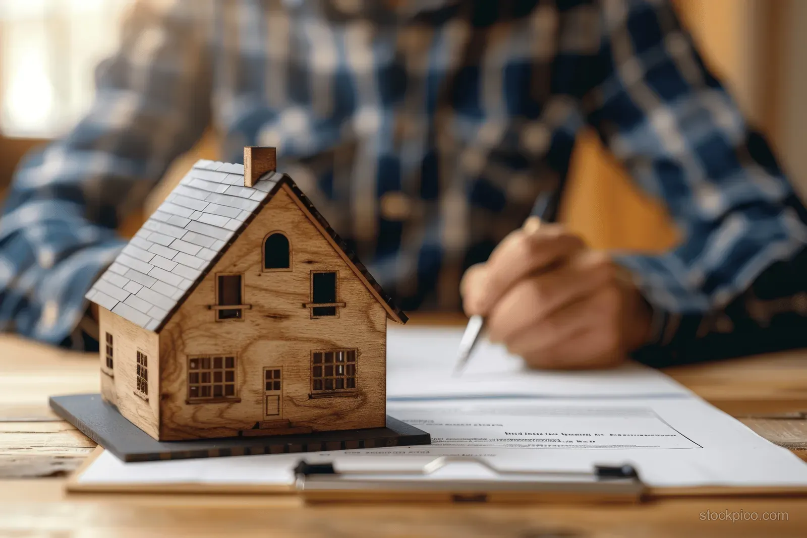 A real estate agent signs a house contract next to a detailed house model on an office desk.