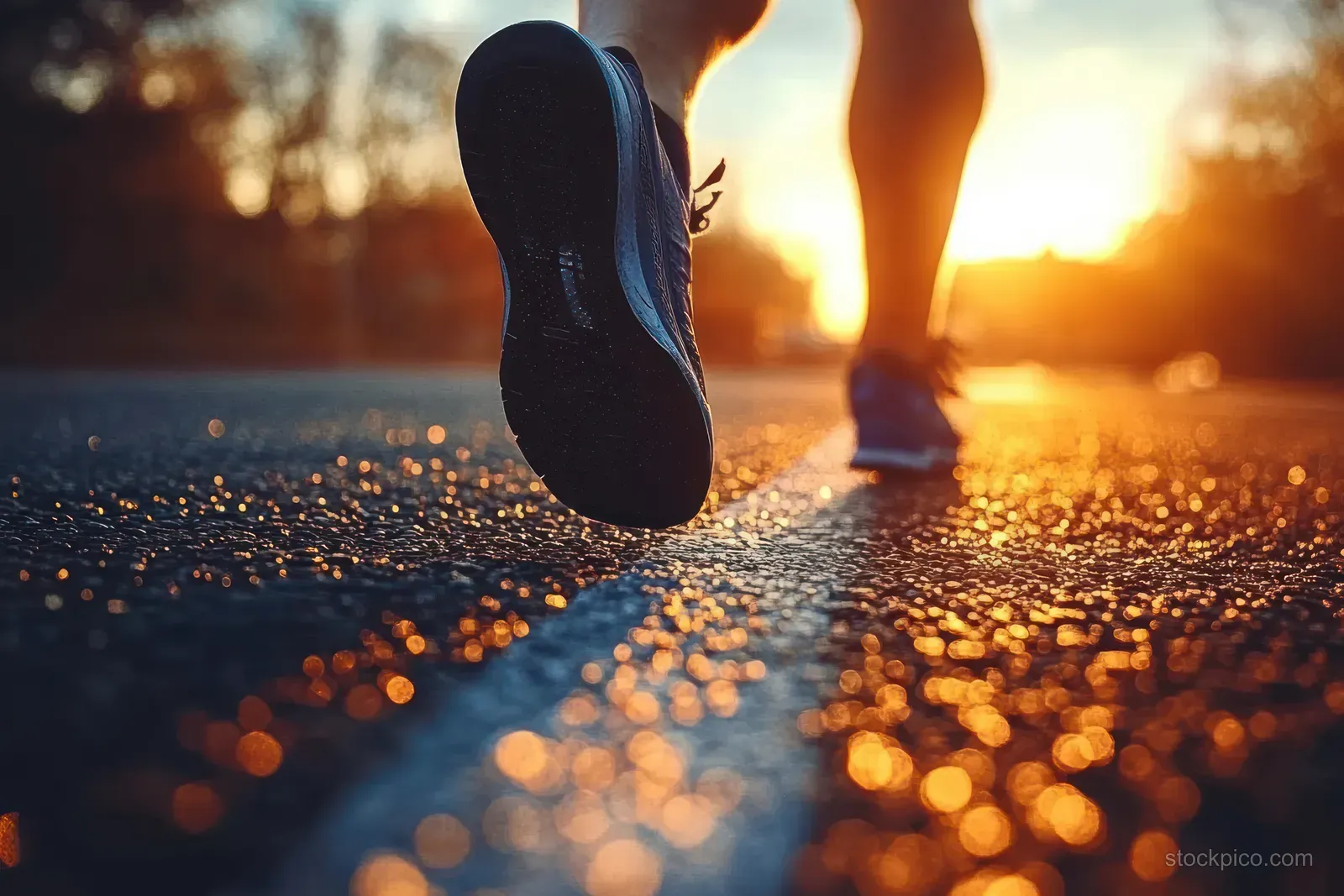 Runner’s shoes and legs in a starting stance on asphalt, illuminated by warm sunset light and bokeh city highlights.
