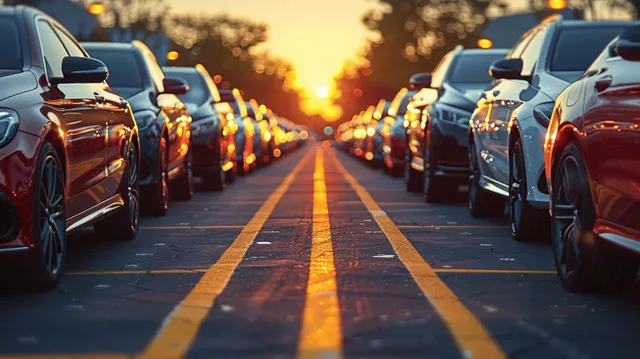 Cars parked in two rows along a parking aisle, lit by sunset reflections on windshields.