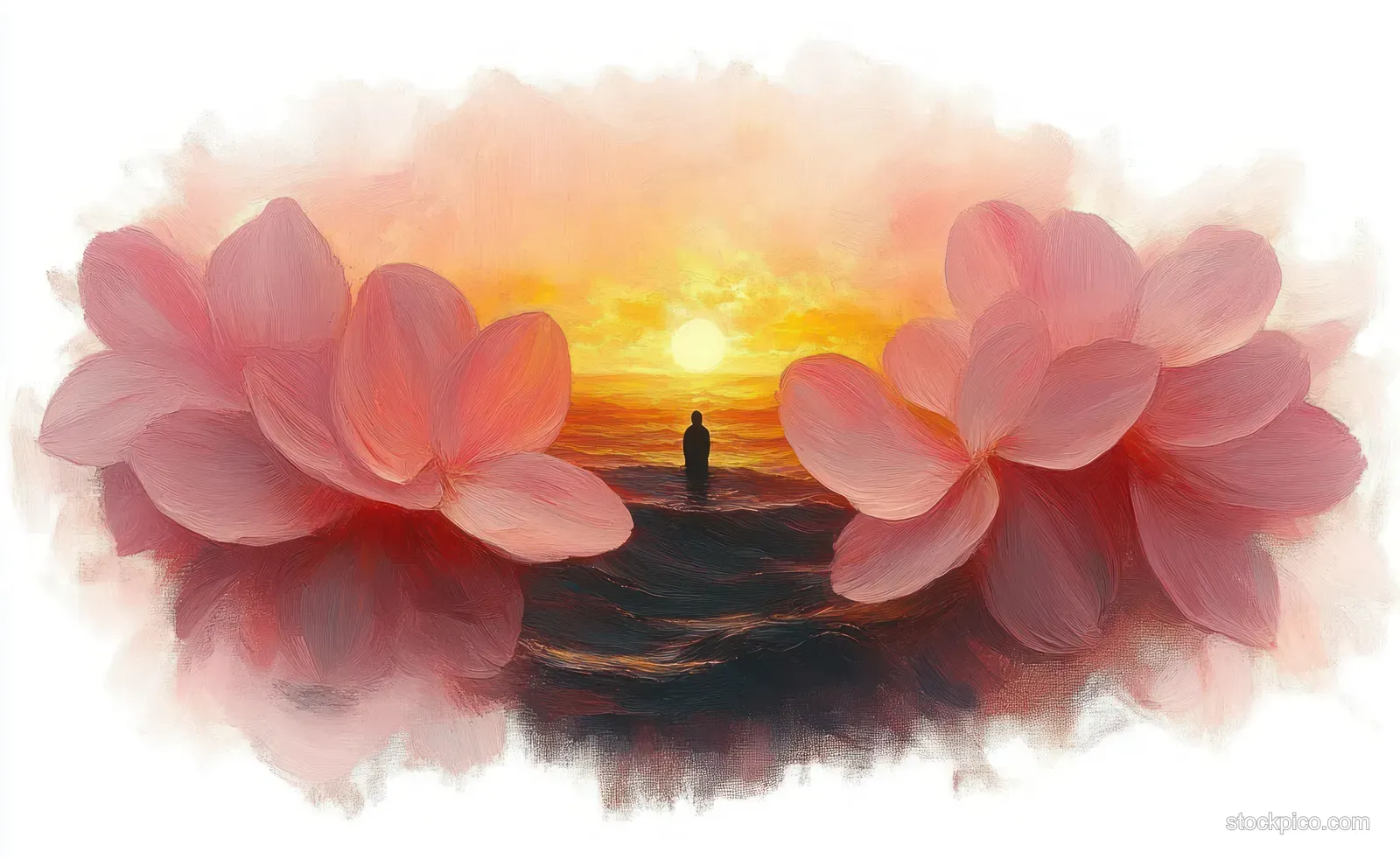 A person silhouette stands in ocean water at sunset, framed by oversized pink flowers.