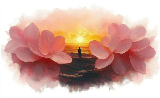 Silhouette of person standing in ocean water at sunset, framed by oversized pink flowers