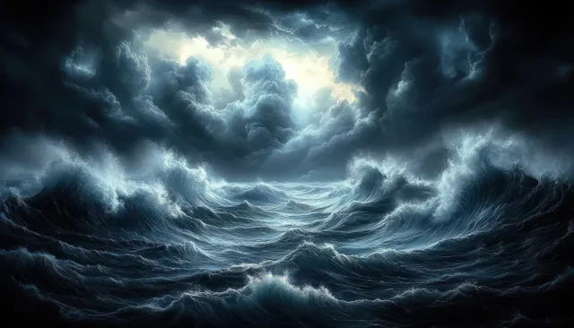 Stormy ocean waves crash under a dark sky with swirling clouds and a central light break