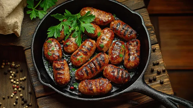 Grilled small sausages in a black cast iron skillet garnished with parsley beside scattered peppercorns on wood.