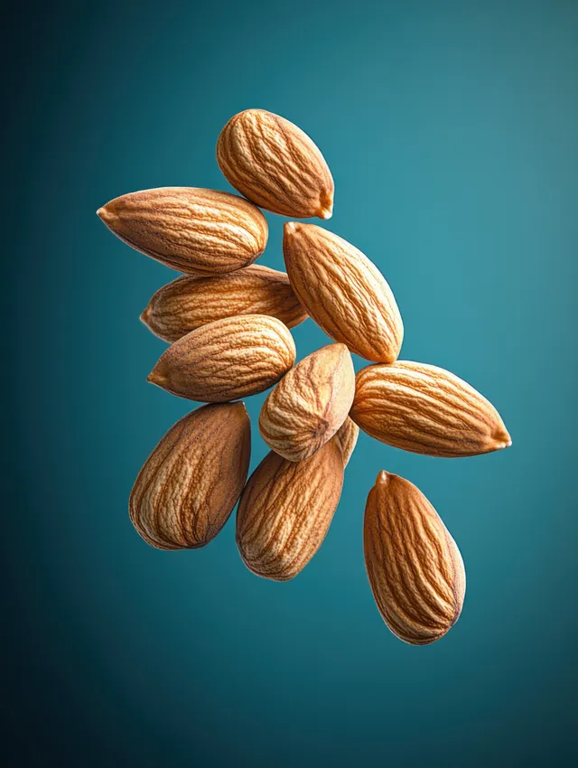 Close-up cluster of whole almonds with textured brown shells against smooth teal backdrop