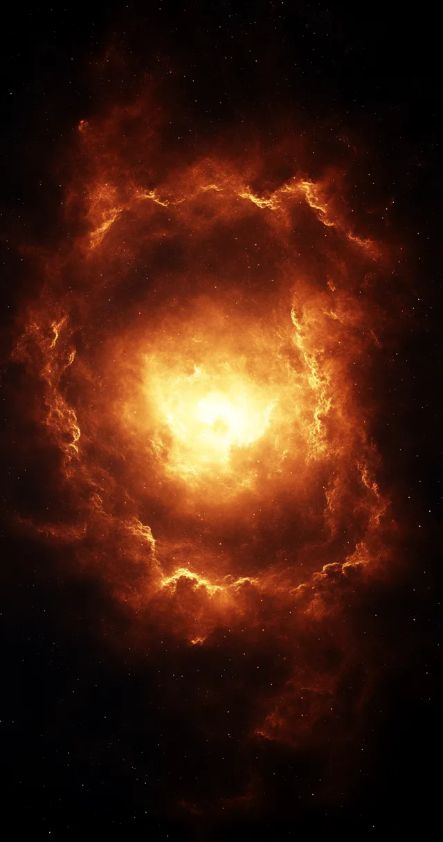 Fiery orange nebula swirls with glowing gas clouds in deep space, surrounded by stars