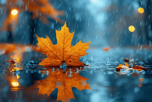 Orange maple leaf rests in a rain puddle on a wet street with glowing reflections and falling droplets.