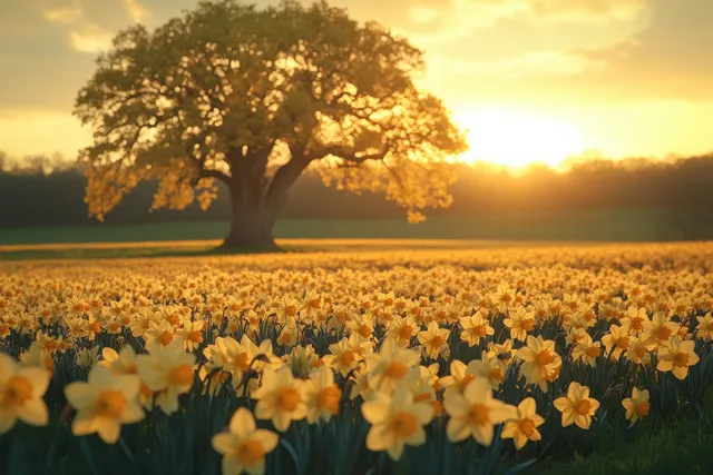 Golden hour daffodil field with a solitary tree casting long warm shadows