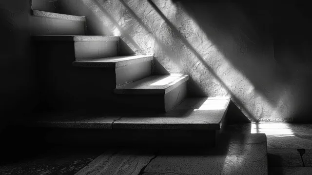 A dim stone staircase climbs upward under a narrow window light beam, casting stark shadows on dark walls.