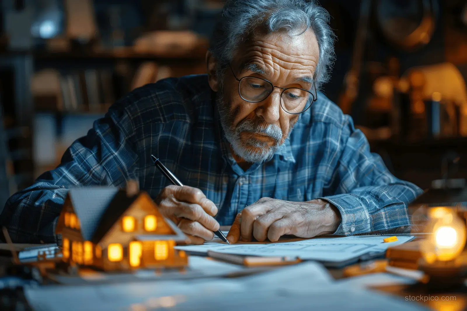 An elderly man signs paperwork at a desk beside a small house model under warm desk lamps.