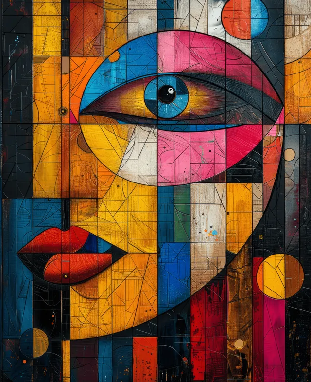 Pop art geometric portrait with colorful tiles and expressive eye on urban mural background