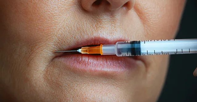 Close-up of upper lip as syringe needle touches skin for precise medical injection
