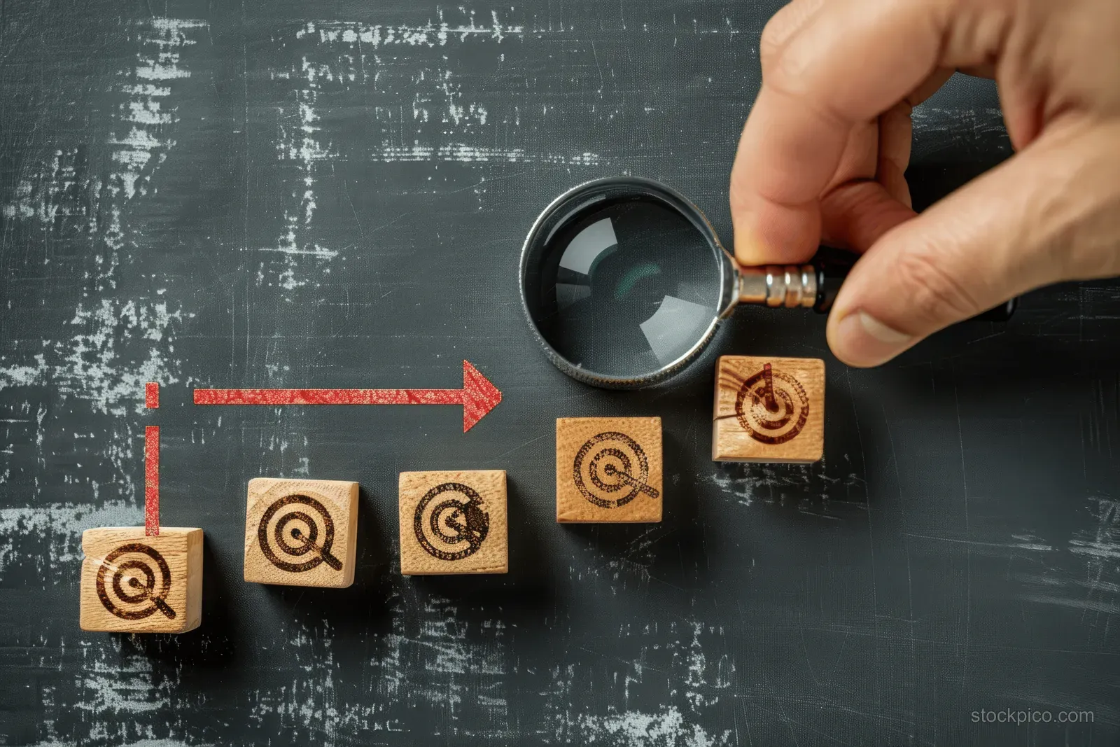 A hand uses a magnifying glass to inspect target icons arranged on wooden steps.