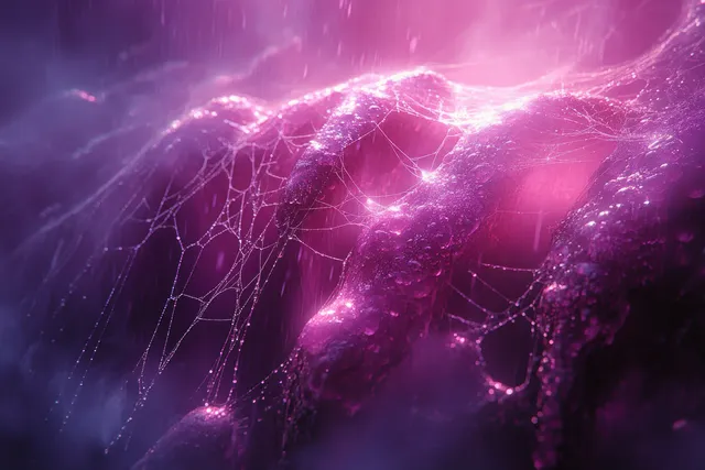 Glowing tangled spider webs stretch across a purple background with bright ethereal light swirls.