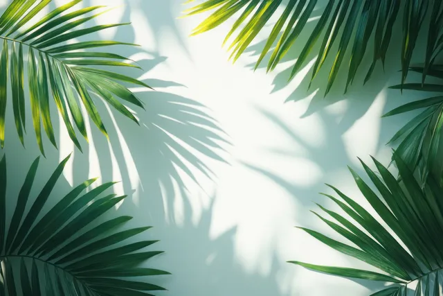 Tropical palm leaves cast soft shadows on a bright white wall, creating a serene and sunny atmosphere.