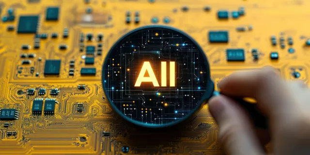Hand with magnifying glass inspecting AI glow on yellow electronic circuit board