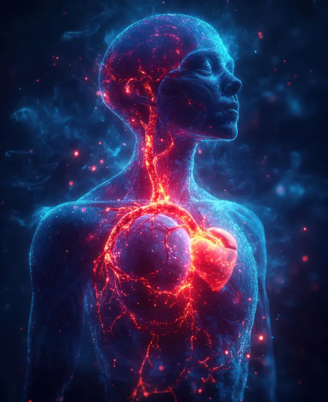 Human silhouette with neon glowing heart and branching blood vessels over a dark blue background.