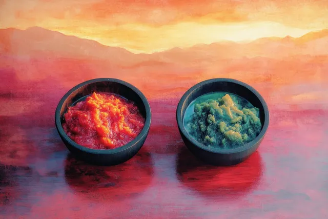 Two bowls of red and green sambal chili sauces sit on a smoky tabletop with spice ingredients visible.