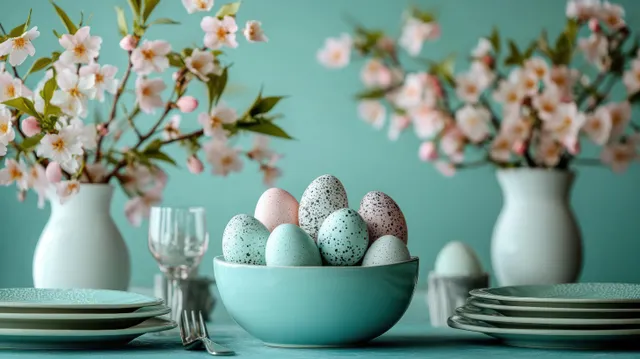 Pastel speckled eggs in a mint bowl on a spring table beside stacked plates, glassware, and pink blossoms.