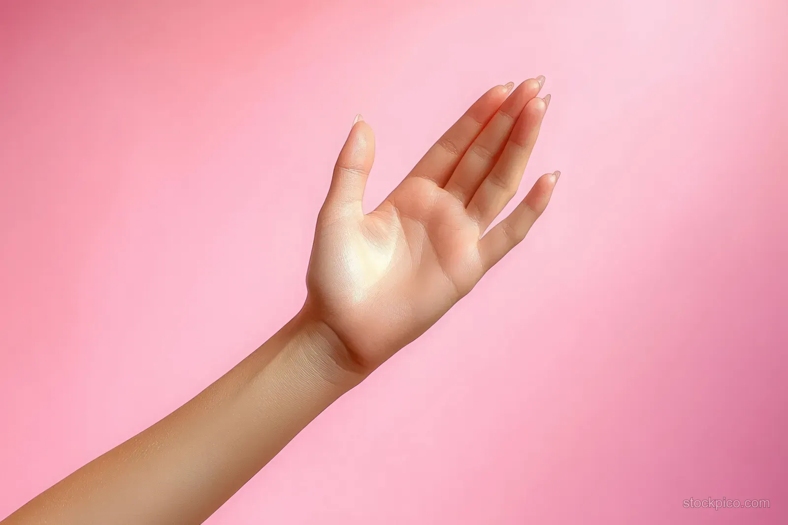 A close-up human hand with slightly curled fingers rests against a smooth pink background with soft natural light reflections.