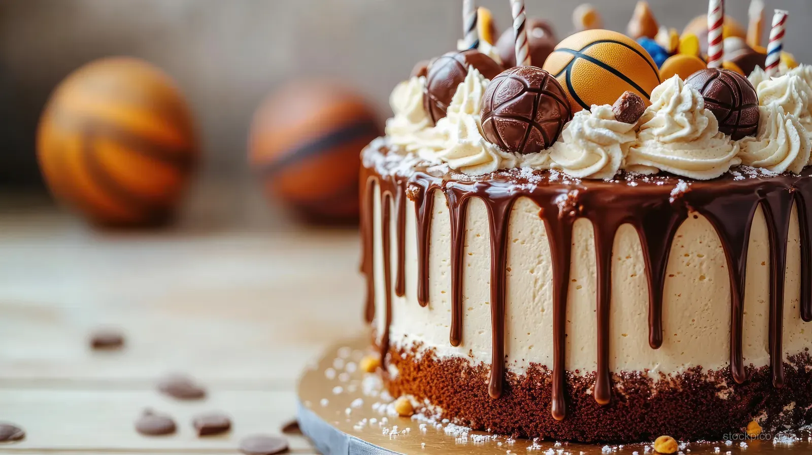 Chocolate drip cake topped with basketball chocolates and cream swirls on a wooden table with blurred basketballs behind.