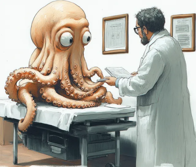 An octopus patient on an exam table is inspected by a doctor writing notes beside framed medical charts.
