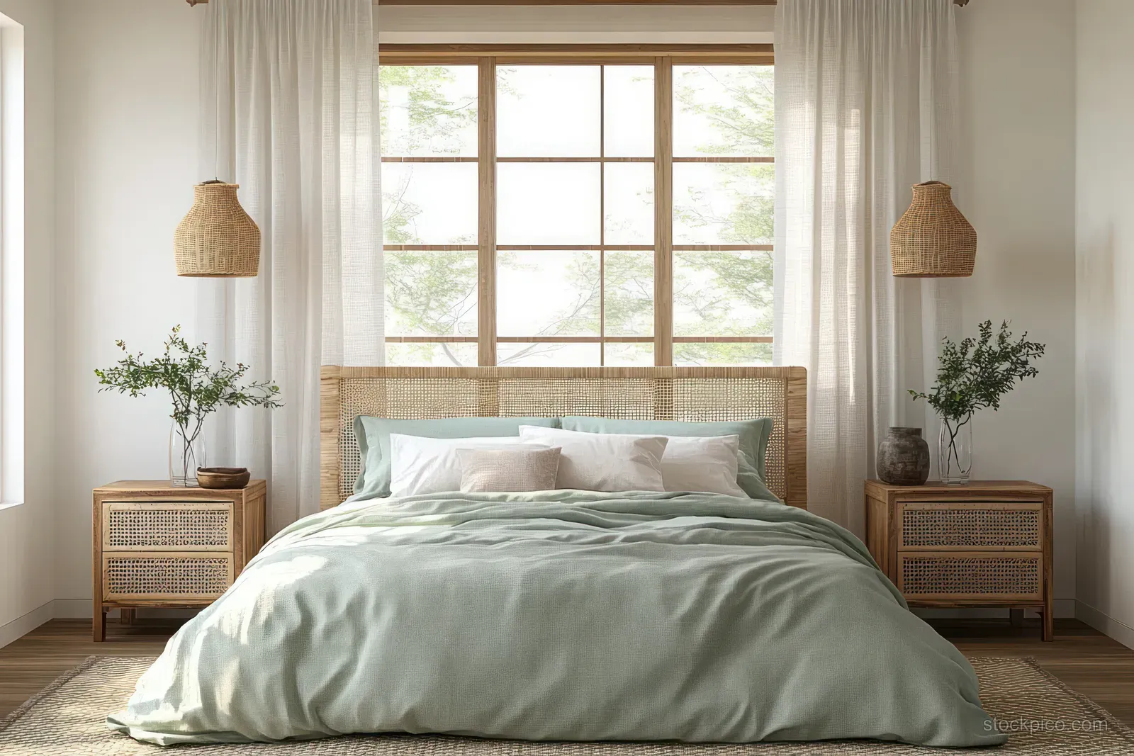 Unmade bed in a Scandinavian bedroom with sheer curtains, light wood nightstands, and plants by the window.