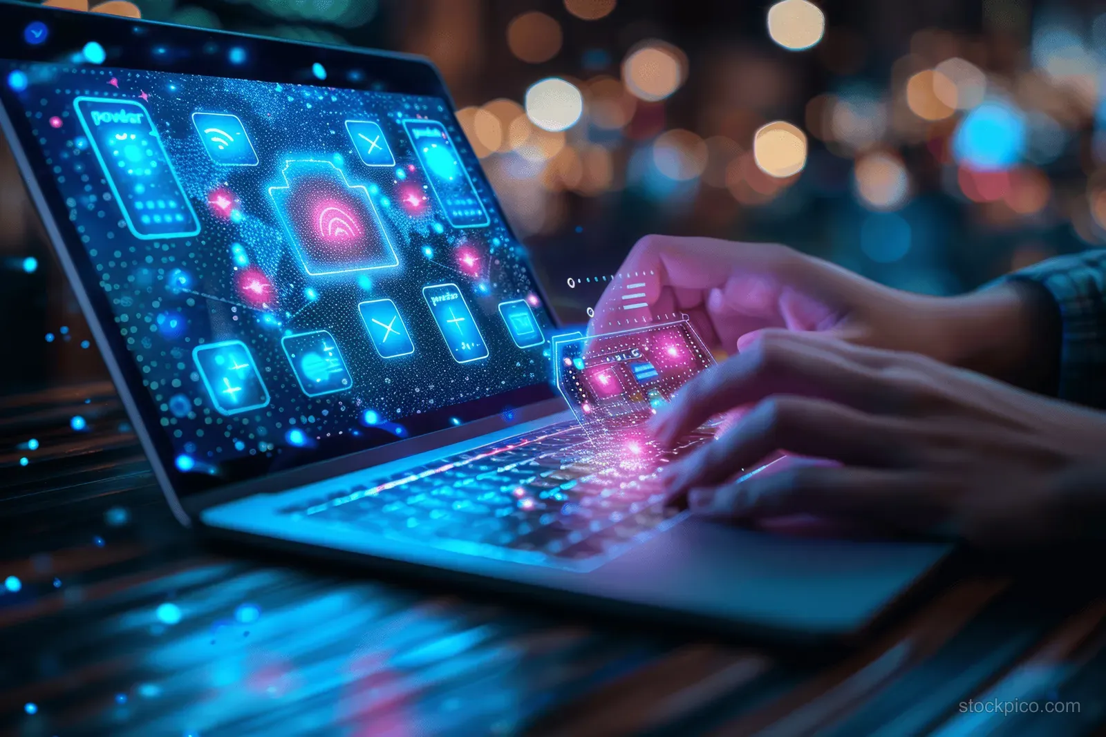 Hands tap a tablet screen showing glowing digital certificate badges during an online assessment.